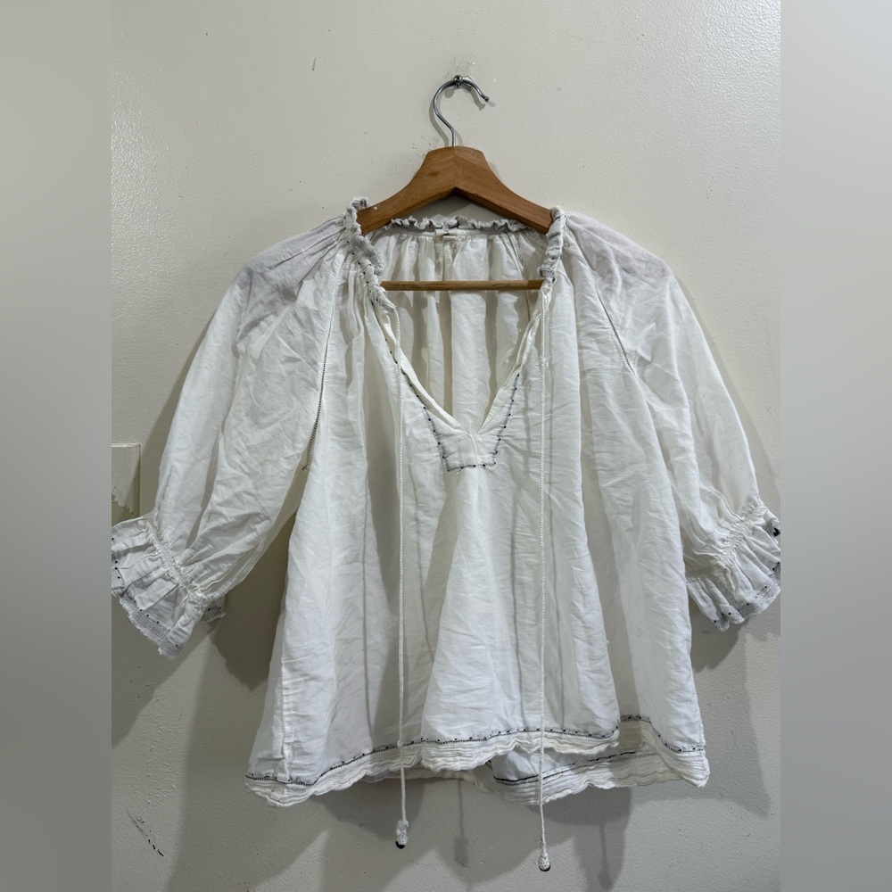 Neem Boho White Peasant Blouse with Tie Neck